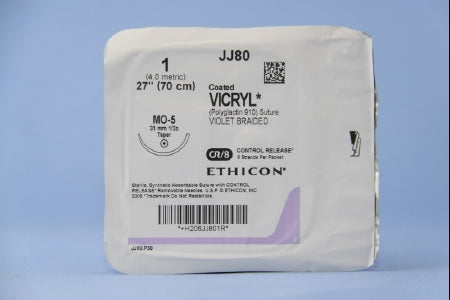 J & J Healthcare Systems Coated Vicryl Suture with Needle Absorbable Coated Violet Suture Braided Polyglactin 910 Size 1 27 Inch Suture 1-Needle 31 mm Length 1/2 Circle Taper Point Needle - JJ80G