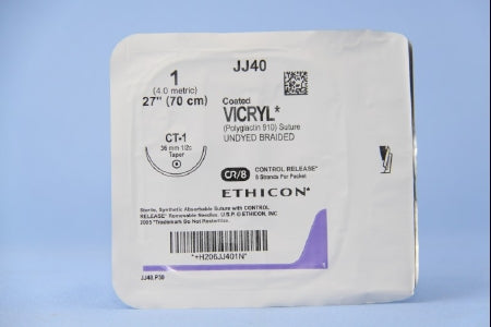 J & J Healthcare Systems Coated Vicryl Suture with Needle Absorbable Coated Undyed Suture Braided Polyglactin 910 Size 1 27 Inch Suture 1-Needle 36 mm Length 1/2 Circle Taper Point Needle - J261H