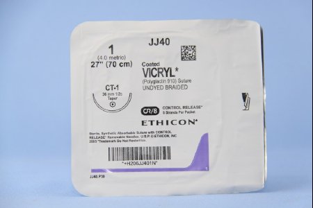 Coated Vicryl - Suture with Needle Absorbable Coated Undyed Suture Braided Polyglactin 910 Size 1 27 Inch Suture 1-Needle 36 mm Length 1/2 Circle Taper Point Needle - JJ40G