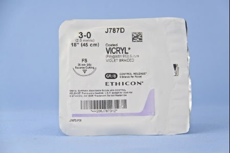J & J Healthcare Systems Coated Vicryl Suture with Needle Absorbable Coated Violet Suture Braided Polyglactin 910 Size 3-0 18 Inch Suture 1-Needle 26 mm Length 3/8 Circle Reverse Cutting Needle - J787D