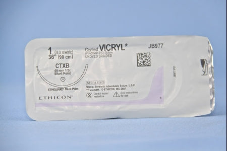 J & J Healthcare Systems Coated Vicryl Suture with Needle Absorbable Coated Undyed Suture Braided Polyglactin 910 Size 1 36 Inch Suture 1-Needle 48 mm Length 1/2 Circle Blunt Point Needle - JB977