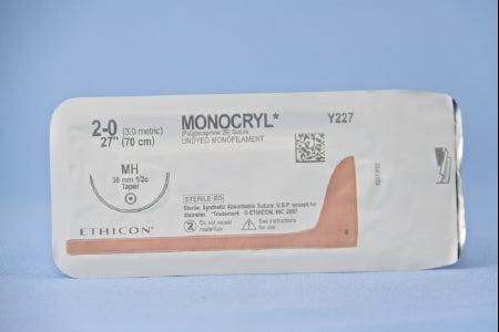 Monocryl - Suture with Needle Absorbable Uncoated Undyed Suture Monofilament Poliglecaprone Size 2 - 0 27 Inch Suture 1-Needle 36.4 mm Length 1/2 Circle Taper Point Needle - Y227H