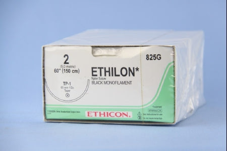 J & J Healthcare Systems Ethilon Suture with Needle Nonabsorbable Uncoated Black Suture Monofilament Nylon Size 2 60 Inch Suture Double-Armed 65 mm Length 1/2 Circle Taper Point Needle - 825G