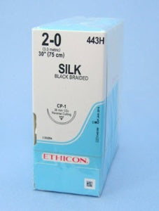 J & J Healthcare Systems Perma-Hand Suture with Needle Nonabsorbable Coated Black Suture Braided Silk Size 2-0 30 Inch Suture 1-Needle 36 mm Length 1/2 Circle Reverse Cutting Needle - 443H