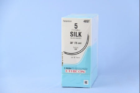 Perma-Hand - Suture with Needle Nonabsorbable Coated Black Suture Braided Silk Size 5 30 Inch Suture Double-Armed 75 mm Length 3/8 Circle Reverse Cutting Needle - 485T