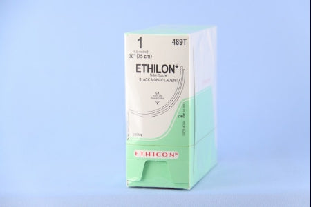 Ethilon - Suture with Needle Nonabsorbable Uncoated Black Suture Monofilament Nylon Size 1 30 Inch Suture Double-Armed 75 mm Length 3/8 Circle Reverse Cutting Needle - 489T