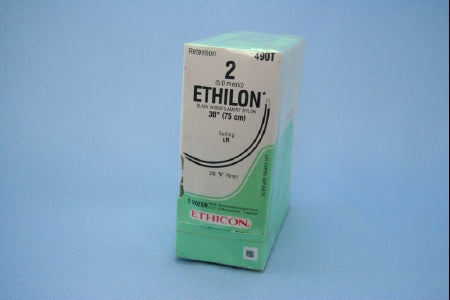 Ethilon - Suture with Needle Nonabsorbable Uncoated Black Suture Monofilament Nylon Size 2 30 Inch Suture Double-Armed 75 mm Length 3/8 Circle Reverse Cutting Needle - 490T