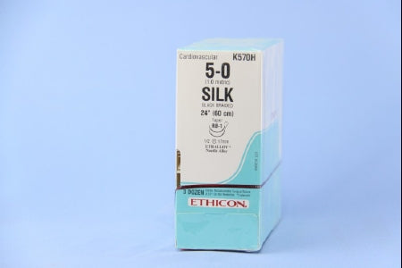 J & J Healthcare Systems Perma-Hand Suture with Needle Nonabsorbable Coated Black Suture Braided Silk Size 5-0 24 Inch Suture Double-Armed 17 mm Length 1/2 Circle Taper Point Needle - K570H