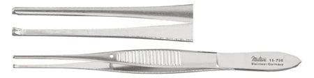 Miltex Miltex Tissue Forceps Iris 4 Inch OR Grade Stainless Steel (German) NonSterile NonLocking Thumb Handle Straight Serrated Tips w/1 X 2 Teeth - 18-786