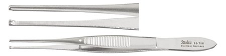 Miltex - Tissue Forceps Iris 4 Inch Length OR Grade German Stainless Steel NonSterile NonLocking Thumb Handle Straight Serrated Tips with 1 X 2 Teeth - 18-786