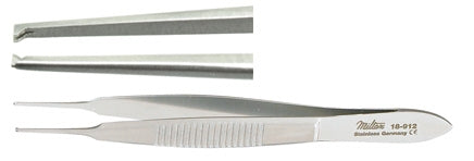 Miltex Miltex Tissue Forceps Lester 3-3/4 Inch OR Grade Stainless Steel (German) NonSterile NonLocking Thumb Handle Straight Serrated Tips w/1 X 2 Teeth - 18-912