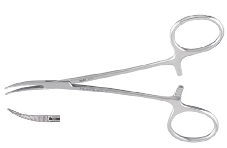 Miltex Miltex Hemostatic Forceps Halsted-Mosquito 5 Inch OR Grade Stainless Steel (German) NonSterile Ratchet Lock Finger Ring Handle Curved Serrated Tips - 43650