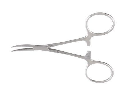Miltex Miltex Hemostatic Forceps Hartmann-Mosquito 3-1/2 Inch OR Grade Stainless Steel (German) NonSterile Ratchet Lock Finger Ring Handle Curved Serrated Tip - 43672