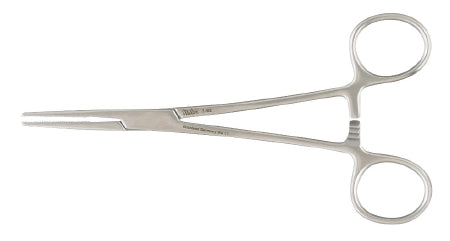 Miltex - Hemostatic Forceps Jones 5 Inch Length OR Grade German Stainless Steel NonSterile Ratchet Lock Finger Ring Handle Straight Serrated Tips - 7-82