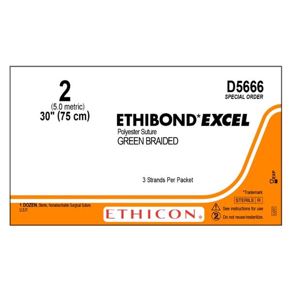 Ethicon Inc,a J & J Company Suture 2 Polyester No Needle Ethibond Green 30" Braid 12/Bx - D5666