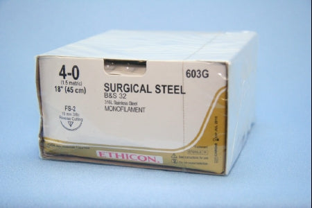 J & J Healthcare Systems Suture with Needle Nonabsorbable Uncoated Silver Suture Stainless Steel Size 4-0 18 Inch Suture 1-Needle 19 mm Length 3/8 Circle Reverse Cutting Needle - 603G
