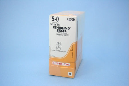 J & J Healthcare Systems Ethibond Suture with Needle Nonabsorbable Coated Green Suture Braided Polyester Size 5-0 30 Inch Suture Double-Armed 17 mm Length 1/2 Circle Taper Point Needle - X550H