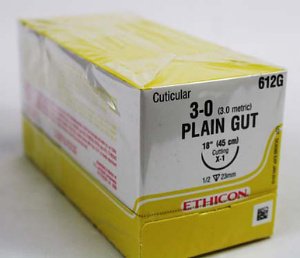 J & J Healthcare Systems Suture with Needle Absorbable Uncoated Undyed Suture Plain Gut Size 3-0 18 Inch Suture 1-Needle 22 mm Length 1/2 Circle Reverse Cutting Needle - 612G
