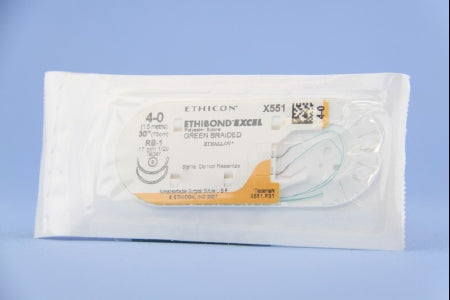 J & J Healthcare Systems Ethibond Suture with Needle Nonabsorbable Coated Green Suture Braided Polyester Size 4-0 30 Inch Suture Double-Armed 17 mm Length 1/2 Circle Taper Point Needle - X551H