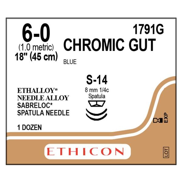 Ethicon Inc,a J & J Company Suture 6-0 Chromic Gut S-14/S-14 Brown 18" Double Arm Monofilament 12/Bx - 1791G