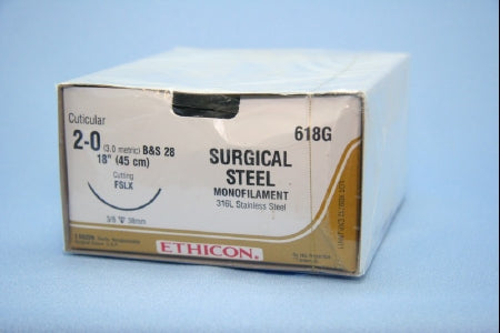 J & J Healthcare Systems Suture with Needle Nonabsorbable Uncoated Silver Suture Stainless Steel Size 2-0 18 Inch Suture 1-Needle 40 mm Length 3/8 Circle Reverse Cutting Needle - 618G