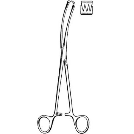Sklar Vulsellum Forceps Teale 9 Inch Surgical Grade Stainless Steel NonSterile Ratchet Lock Finger Ring Handle Curved 3 X 4 Teeth, Serrated Tip - 91-2695