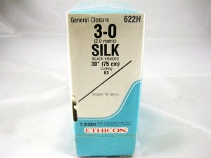 J & J Healthcare Systems Perma-Hand Suture with Needle Nonabsorbable Coated Black Suture Braided Silk Size 3-0 30 Inch Suture 1-Needle 60 mm Length Straight Conventional Cutting Needle - 622H