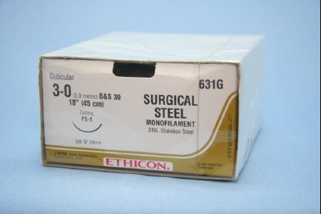 J & J Healthcare Systems - Suture with Needle Nonabsorbable Uncoated Silver Suture Stainless Steel Size 3 - 0 18 Inch Suture 1-Needle 24 mm Length 3/8 Circle Reverse Cutting Needle - 631G