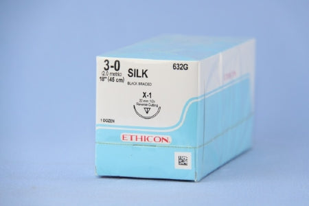 J & J Healthcare Systems Perma-Hand Suture with Needle Nonabsorbable Coated Black Suture Braided Silk Size 3-0 18 Inch Suture 1-Needle 22 mm Length 1/2 Circle Reverse Cutting Needle - 632G