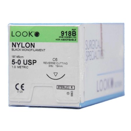 LOOK - Suture with Needle Nonabsorbable Uncoated Black Suture Monofilament Nylon Size 5 - 0 18 Inch Suture 1-Needle 19 mm Length 3/8 Circle Reverse Cutting Needle - 918B