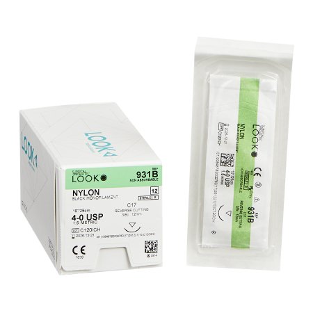 LOOK - Suture with Needle Nonabsorbable Uncoated Black Suture Monofilament Nylon Size 4 - 0 10 Inch Suture 1-Needle 12 mm Length 3/8 Circle Reverse Cutting Needle - 931B