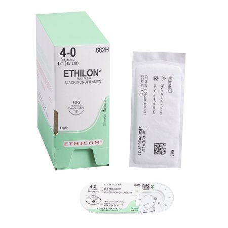 Ethilon - Suture with Needle Nonabsorbable Uncoated Black Suture Monofilament Nylon Size 4 - 0 18 Inch Suture 1-Needle 19 mm Length 3/8 Circle Reverse Cutting Needle - 662H