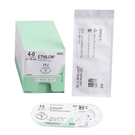Ethilon - Suture with Needle Nonabsorbable Uncoated Black Suture Monofilament Nylon Size 4 - 0 18 Inch Suture 1-Needle 19 mm Length 3/8 Circle Reverse Cutting Needle - 662G