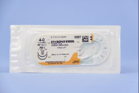 J & J Healthcare Systems Ethibond Suture with Needle Nonabsorbable Coated Green Suture Braided Polyester Size 4-0 36 Inch Suture Double-Armed 17 mm Length 1/2 Circle Taper Point Needle - X557H