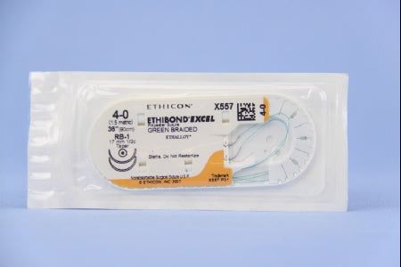 Ethibond - Suture with Needle Nonabsorbable Coated Green Suture Braided Polyester Size 4 - 0 36 Inch Suture Double-Armed 17 mm Length 1/2 Circle Taper Point Needle - X557H