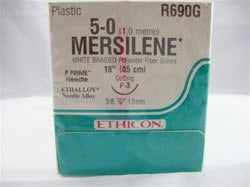 J & J Healthcare Systems Mersilene Suture with Needle Nonabsorbable Uncoated White Suture Braided Polyester Size 5-0 18 Inch Suture 1-Needle 13 mm Length 3/8 Circle Reverse Cutting Needle - R690G