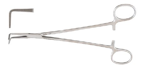 Miltex - Hemostatic Forceps Mosquito 8-1/4 Inch Length OR Grade German Stainless Steel NonSterile Ratchet Lock Finger Ring Handle Angled Delicate Serrated Tips - 7-254
