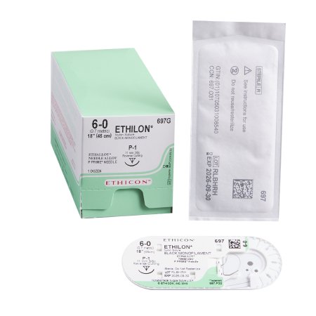 Ethilon - Suture with Needle Nonabsorbable Uncoated Black Suture Monofilament Nylon Size 6 - 0 18 Inch Suture 1-Needle 11 mm Length 3/8 Circle Precision Point - Reverse Cutting Needle - 697G