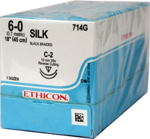 J & J Healthcare Systems Perma-Hand Suture with Needle Nonabsorbable Coated Black Suture Braided Silk Size 6-0 18 Inch Suture Double-Armed 13 mm Length 3/8 Circle Reverse Cutting Needle - 714G