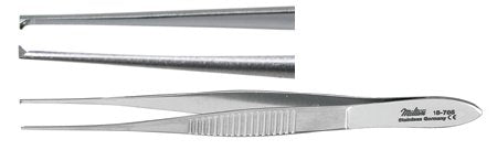 Miltex Miltex Tissue Forceps Iris 4 Inch OR Grade Stainless Steel (German) NonSterile NonLocking Thumb Handle Straight Serrated Tips w/1 X 2 Teeth - 18-786