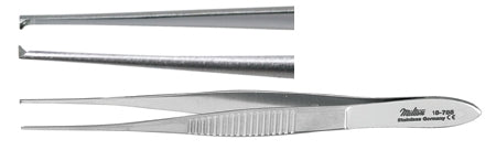 Miltex - Tissue Forceps Iris 4 Inch Length OR Grade German Stainless Steel NonSterile NonLocking Thumb Handle Straight Serrated Tips with 1 X 2 Teeth - 18-785