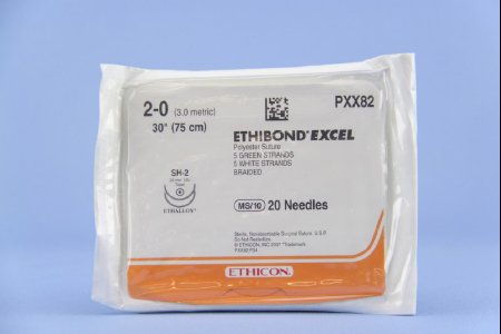J & J Healthcare Systems Ethibond Suture with Needle Nonabsorbable Coated Green / White Suture Braided Polyester Size 2-0 30 Inch Suture Double-Armed 20 mm Length 1/2 Circle Taper Point Needle - PXX82