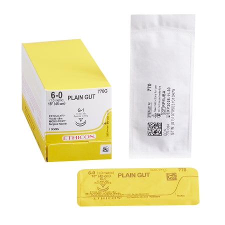 J & J Healthcare Systems - Suture with Needle Absorbable Uncoated Undyed Suture Plain Gut Size 6 - 0 18 Inch Suture Double-Armed 10.5 mm Length 3/8 Circle Reverse Cutting Needle - 770G