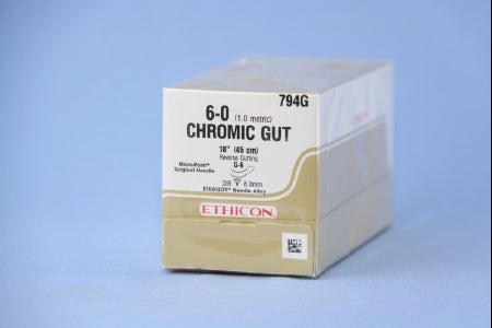 J & J Healthcare Systems - Suture with Needle Absorbable Uncoated Undyed Suture Chromic Gut Size 6 - 0 18 Inch Suture Double-Armed 8 mm Length 3/8 Circle Reverse Cutting Needle - 794G