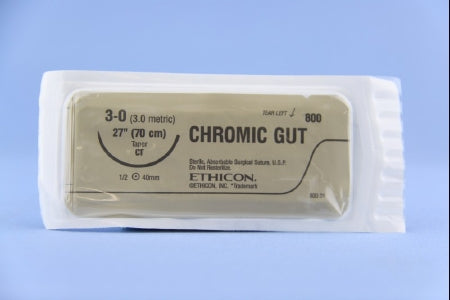 J & J Healthcare Systems Suture with Needle Absorbable Uncoated Undyed Suture Chromic Gut Size 3-0 27 Inch Suture 1-Needle 40 mm Length 1/2 Circle Taper Point Needle - 800H
