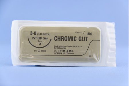 J & J Healthcare Systems - Suture with Needle Absorbable Uncoated Undyed Suture Chromic Gut Size 3 - 0 27 Inch Suture 1-Needle 40 mm Length 1/2 Circle Taper Point Needle - 800H