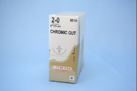 J & J Healthcare Systems Suture with Needle Absorbable Uncoated Undyed Suture Chromic Gut Size 2-0 27 Inch Suture 1-Needle 40 mm Length 1/2 Circle Taper Point Needle - 801H