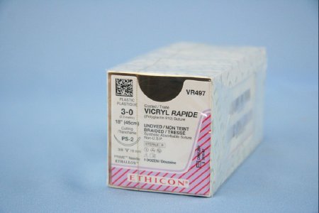 J & J Healthcare Systems Coated Vicryl Rapide Suture with Needle Absorbable Coated Undyed Suture Braided Polyglactin 910 Size 3-0 18 Inch Suture 1-Needle 19 mm Length 3/8 Circle Precision Point - Reverse Cutting Needle - VR497