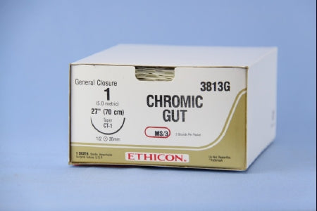 J & J Healthcare Systems Suture with Needle Absorbable Uncoated Undyed Suture Chromic Gut Size 1 27 Inch Suture 1-Needle 36 mm Length 1/2 Circle Taper Point Needle - 813H