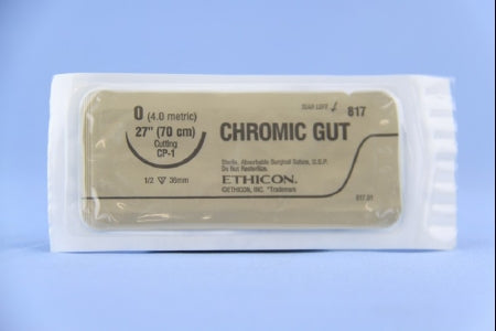 J & J Healthcare Systems Suture with Needle Absorbable Uncoated Undyed Suture Chromic Gut Size 0 32 Inch Suture 1-Needle 36 mm Length 1/2 Circle Reverse Cutting Needle - 817H